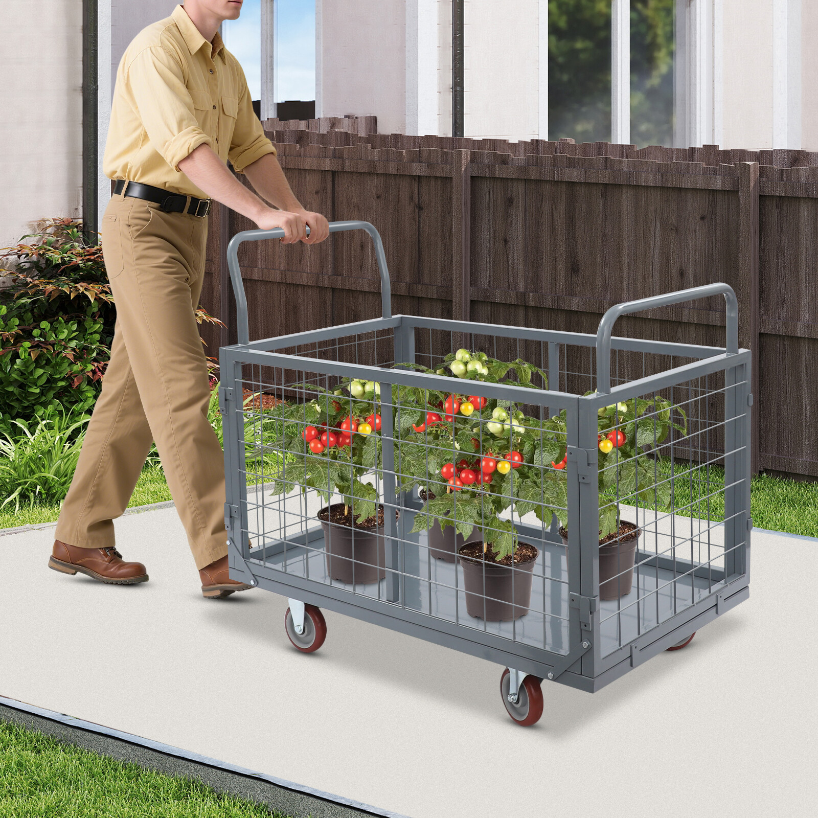 5-in-1 Heavy Duty Platform Cart With Cage Push Cart For Grocery & Warehouse ﻿