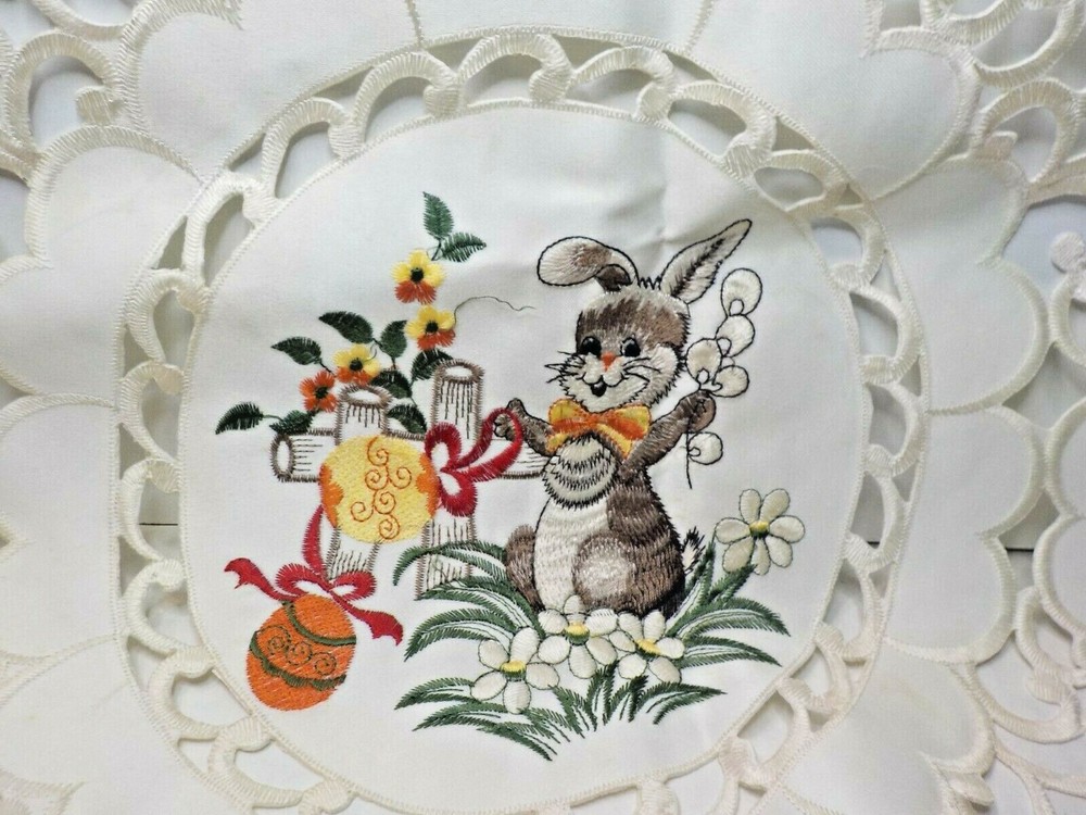 Easter embroidered w/ cutouts table runner 32" by 32" square