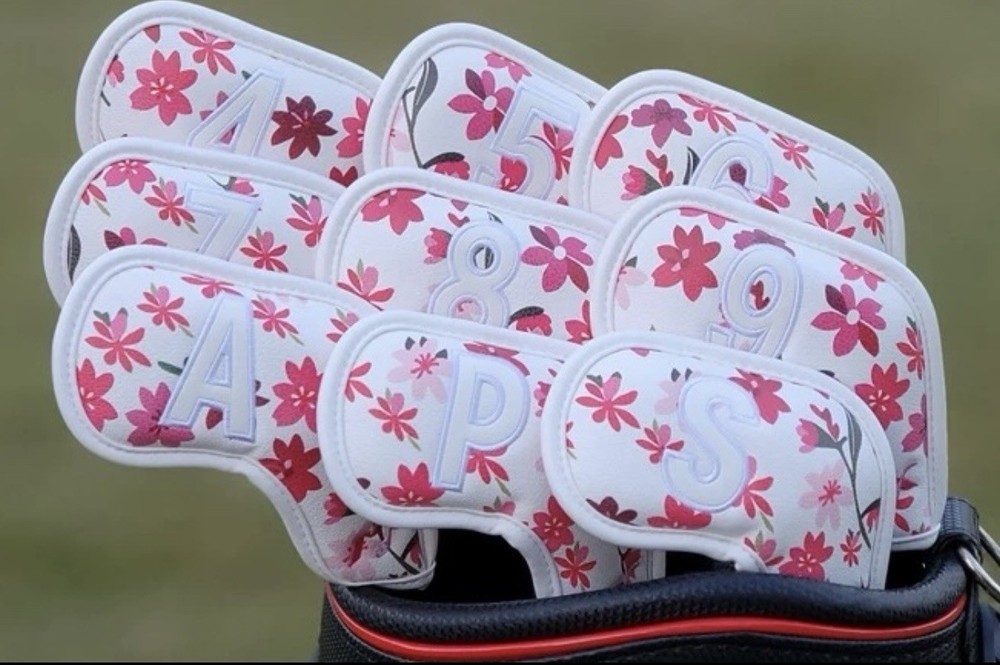 Flower Pattern Leather Iron Headcover 9pcs Set (White)