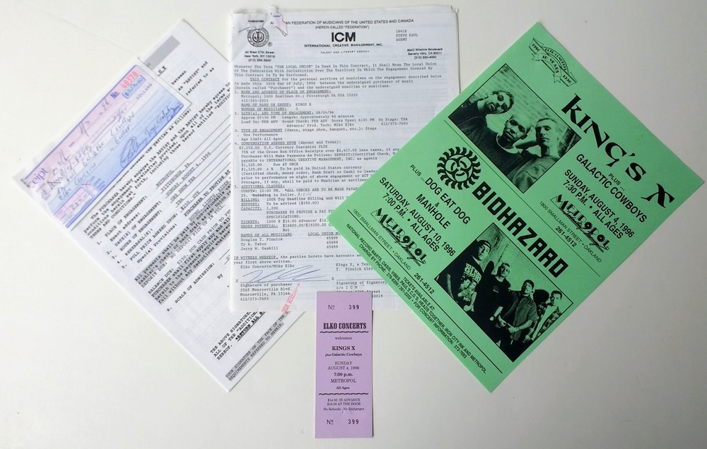 King's X Concert Contract Pittsburgh 1996