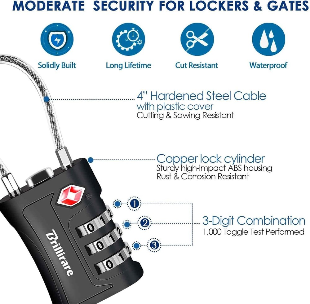 2 Pack TSA Approved Luggage Locks, Combination Travel Cable Padlock, Black