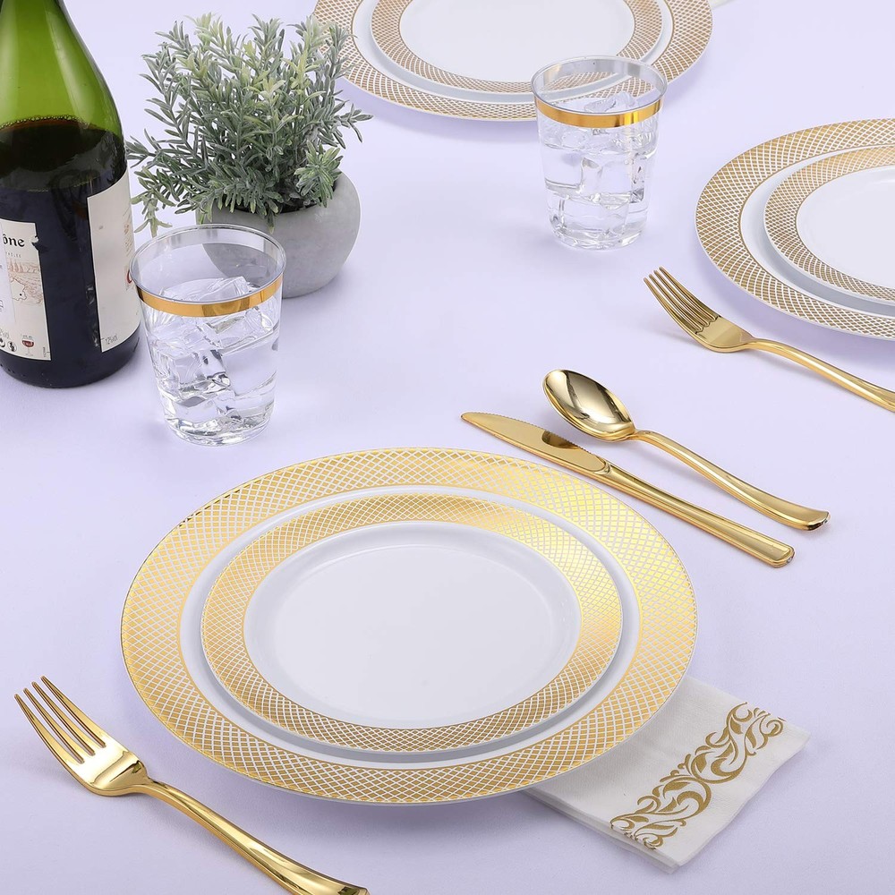 FOCUSLINE 10" Dinner Plates, 7" Dessert 175Pack Gold Dinnerware Set