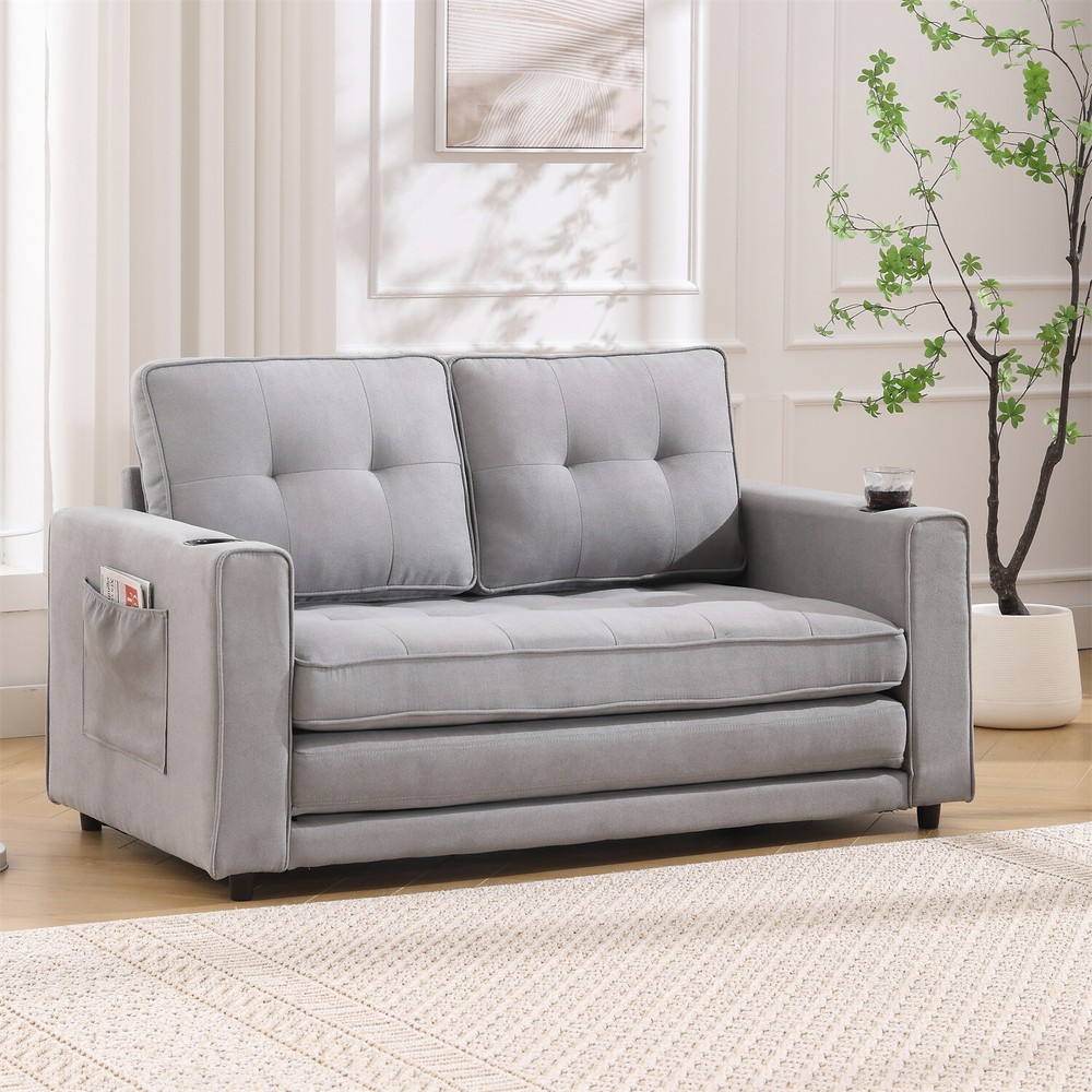 Convertible Sofa Bed Loveseat Futon Sofa Couch w/ Pull-Out Bed Light Gray