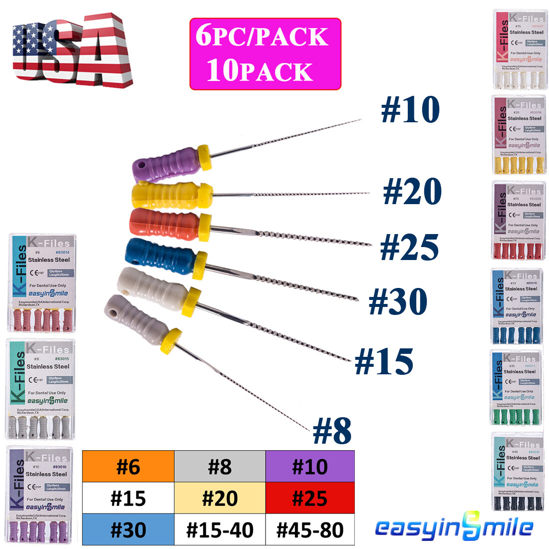 60pc Dental Endo Root Canal File K-files 25mm Stainless Steel #6#8#10 Hand Files