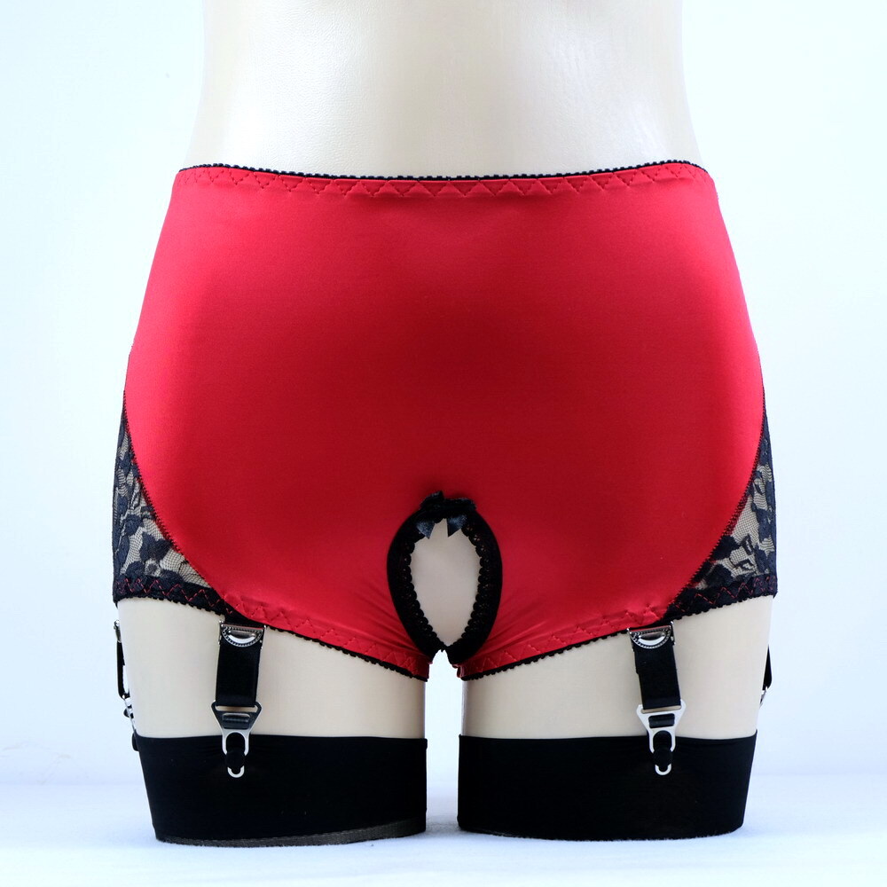 Luxallacki Crotchless Garter Panties 6 Straps Metal Clips Lace Satin Lingerie