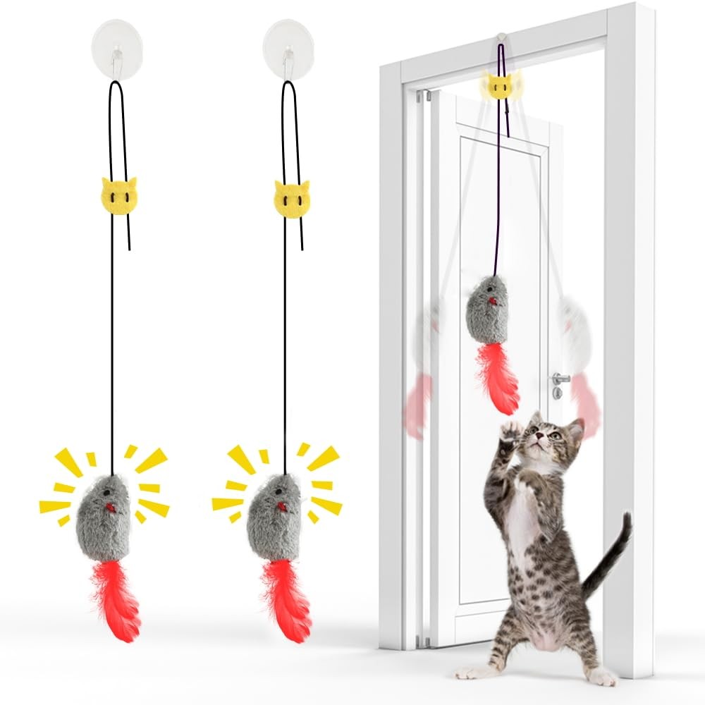 2 Pack Door Hanging Cat Mouse Toy Squeaky Feather Teaser