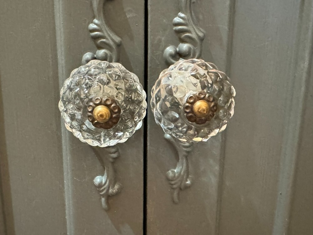 2 Vintage-Brass Clear Glass Pulls Furniture Handle Cabinet Drawer Hardware Knobs