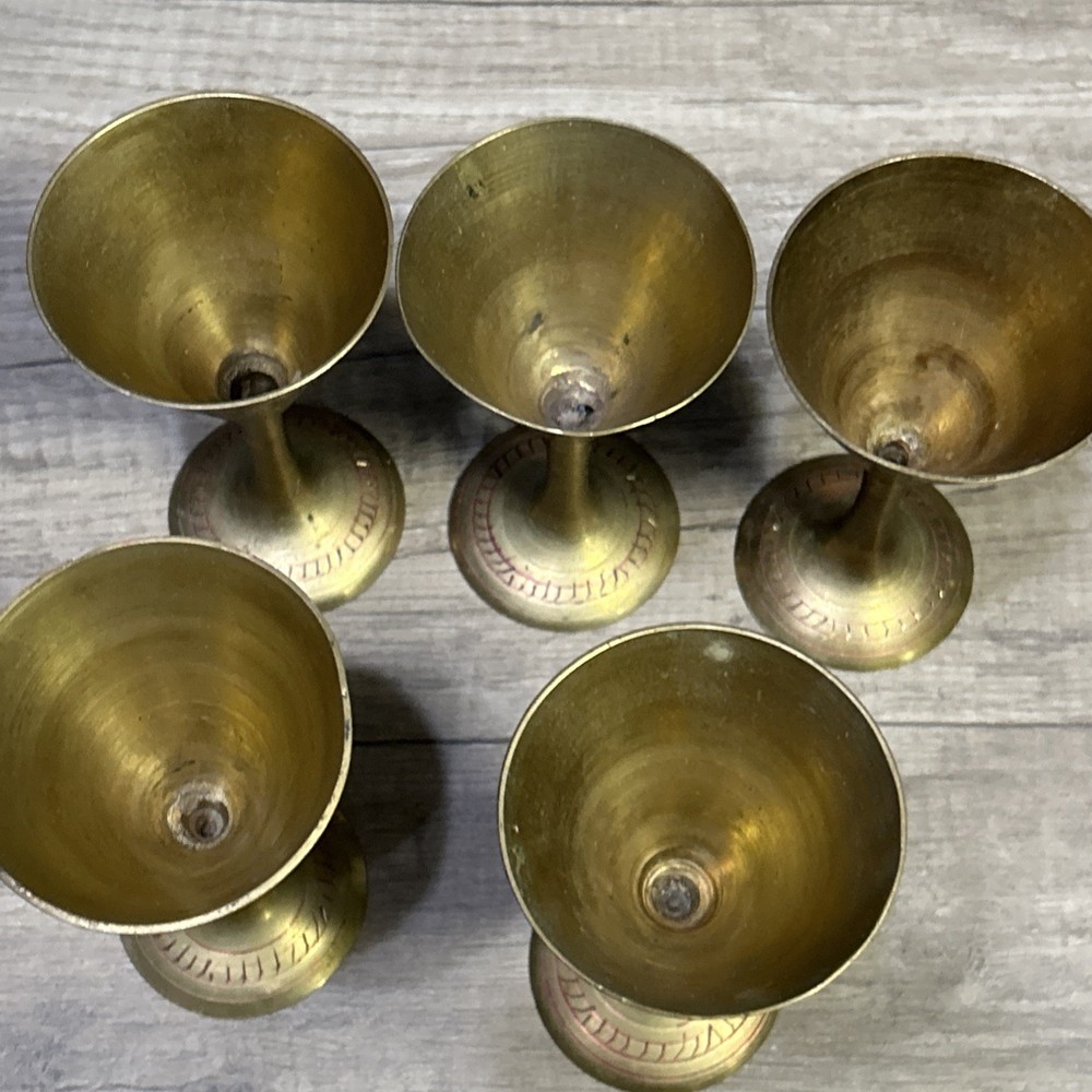 Etched Brass Wine Goblet India Table Top Decor Vintage Beware 5 Small Solid Cups