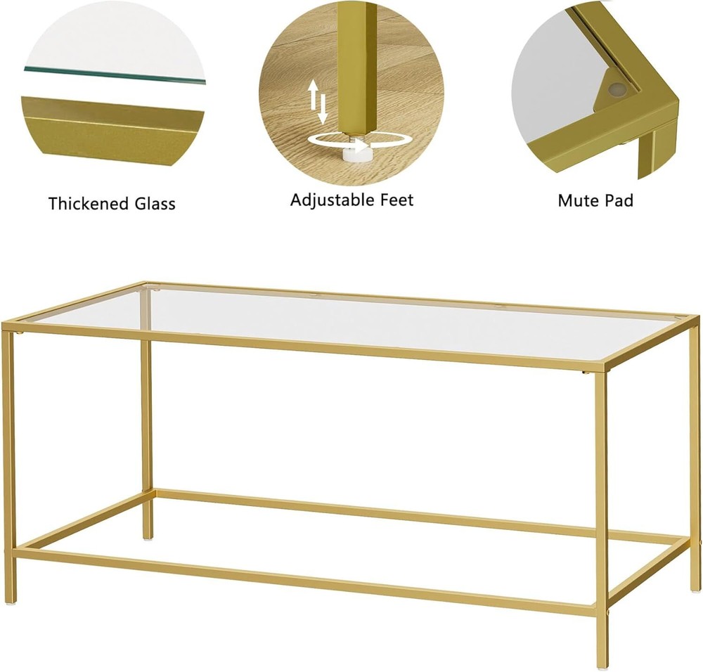 Glass coffee table, modern rectangular gold coffee table for living room