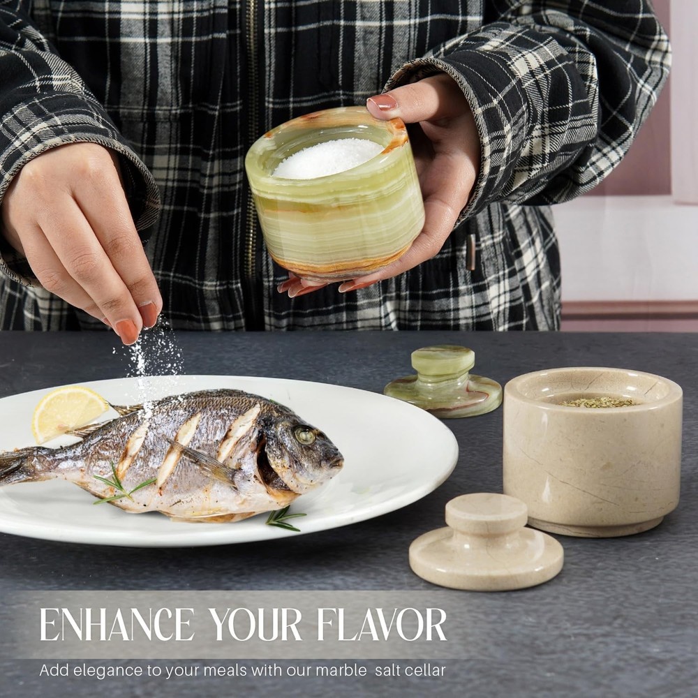 Marble Salt Cellar with Lid 3" Spice Jar Forkitchen Counter Stone Salt Container
