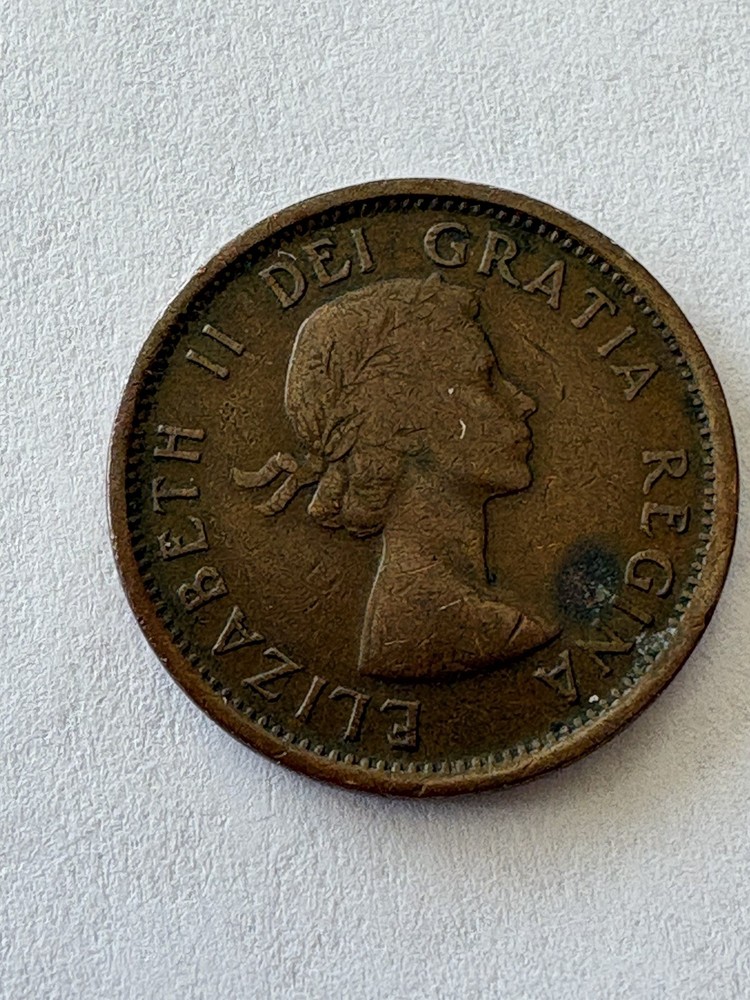 1955 Canadian No shoulder fold One Cent Penny - circulated