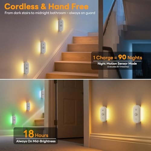 Motion Sensor Night Light Rechargeable: 90-Day Lasting Battery for 3-Pack