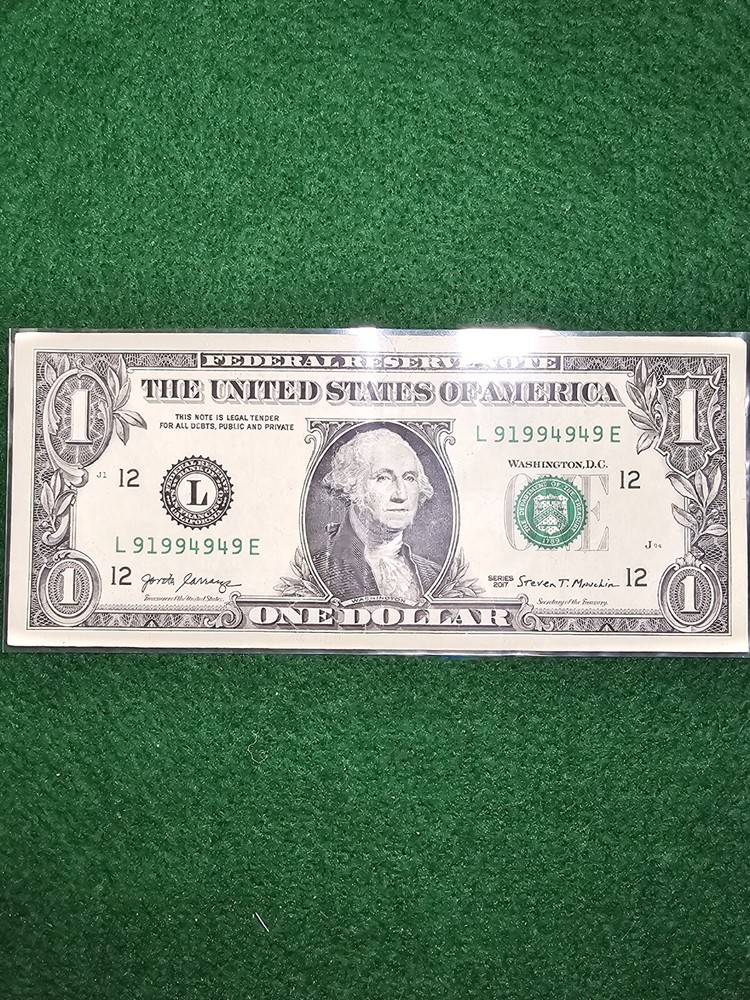Fancy Serial Number $1 Dollar Trinary Bill L 91884949 E