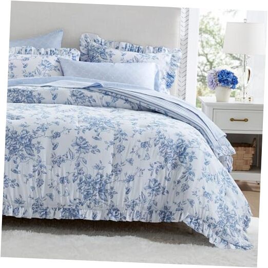 Essentials Adele Floral Size Comforter Set – Vintage Bed in a Bag Queen Blue