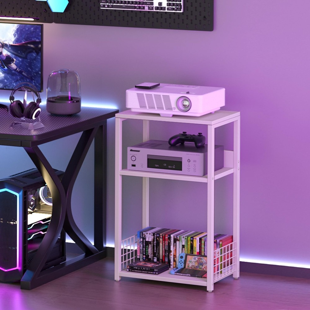 LELELINKY White Side Table,Small Printer Stand with Storage Shelf,3 Tier Indu...