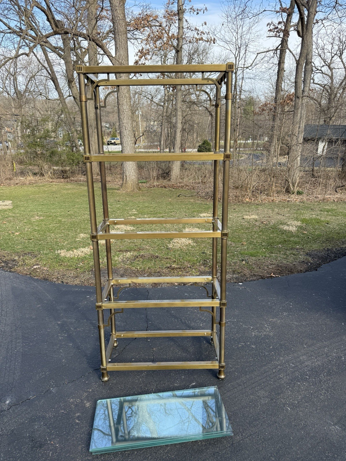 VINTAGE JANSEN STYLE ETAGERES WITH REEDED BRASS AND GLASS