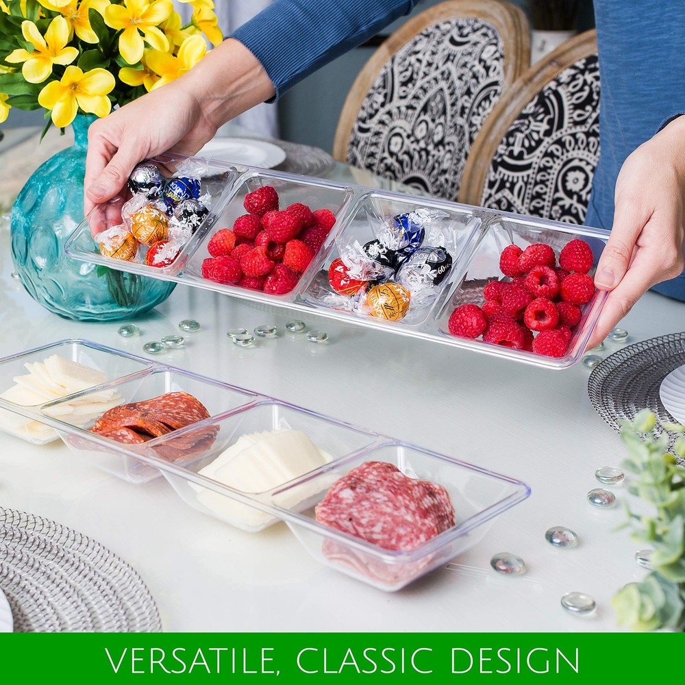 4 Sectional Rectangle Plastic Disposable Serving Tray/Platter 5 X 16 Clear Pa...