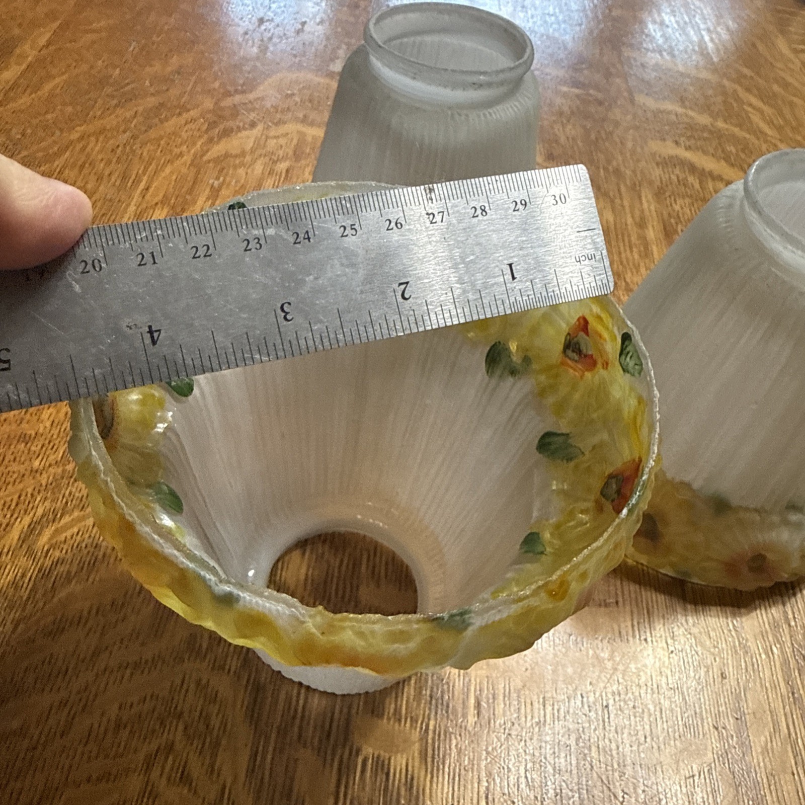 Antique Set 3 Reverse Painted Glass 4 5/8" Shades Yellow Flowers 2-1/4" Fitter