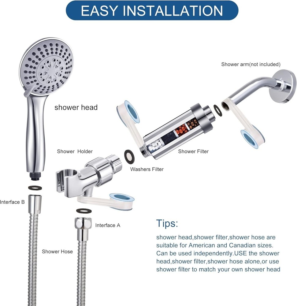 High Pressure Handheld Shower Head with Filter, Filtered Set