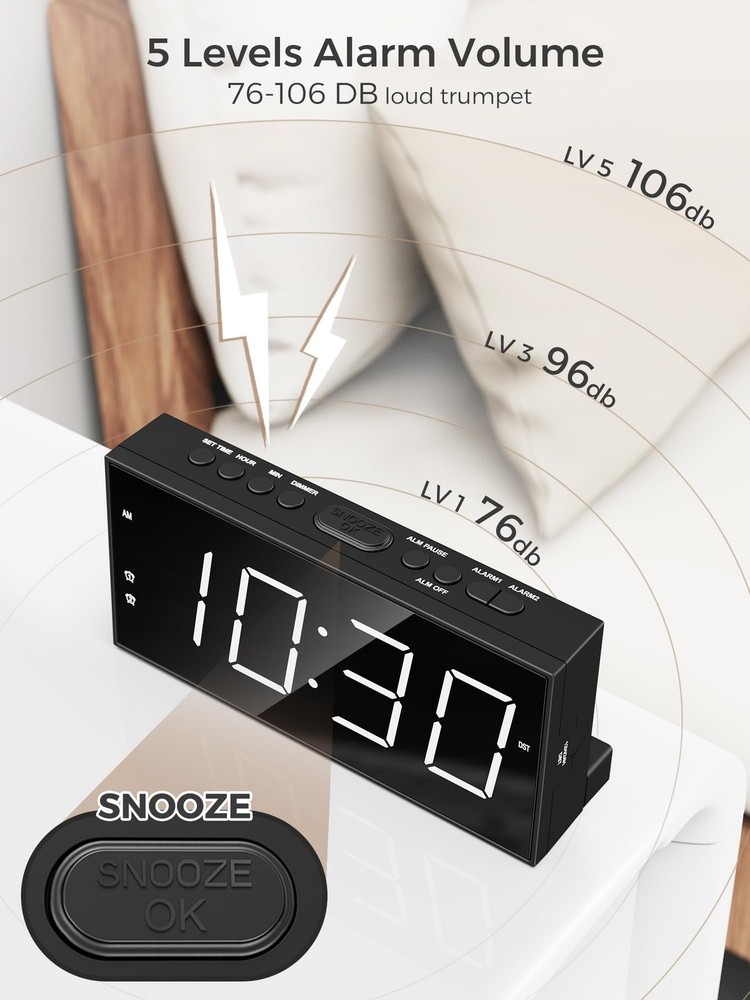 Alarm Clock for Bedroom, 2 Alarms Loud Big Display Plug in Simple Basic Digit...