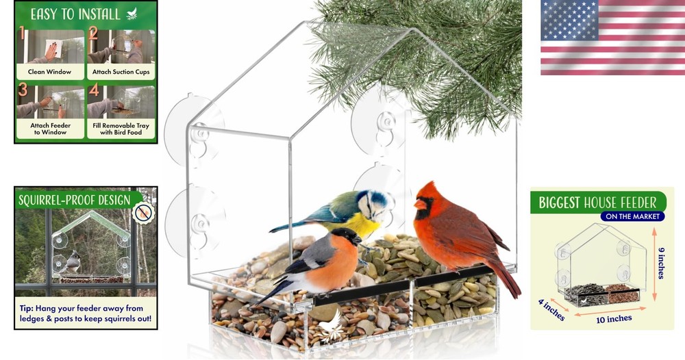 Easy-Clean Window Mounted Bird Feeder with Strong Suction Cups - 32 oz Capacity