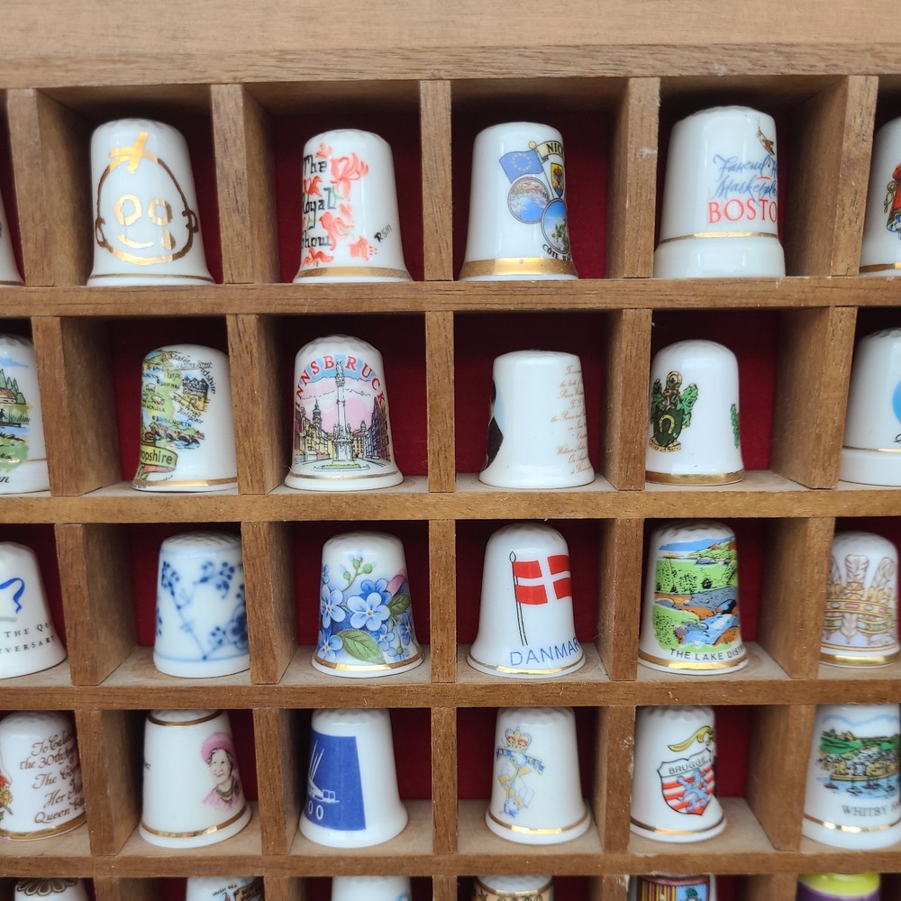Vintage Thimble Display Case with 100 Mixed Various Thimbles Good Condition