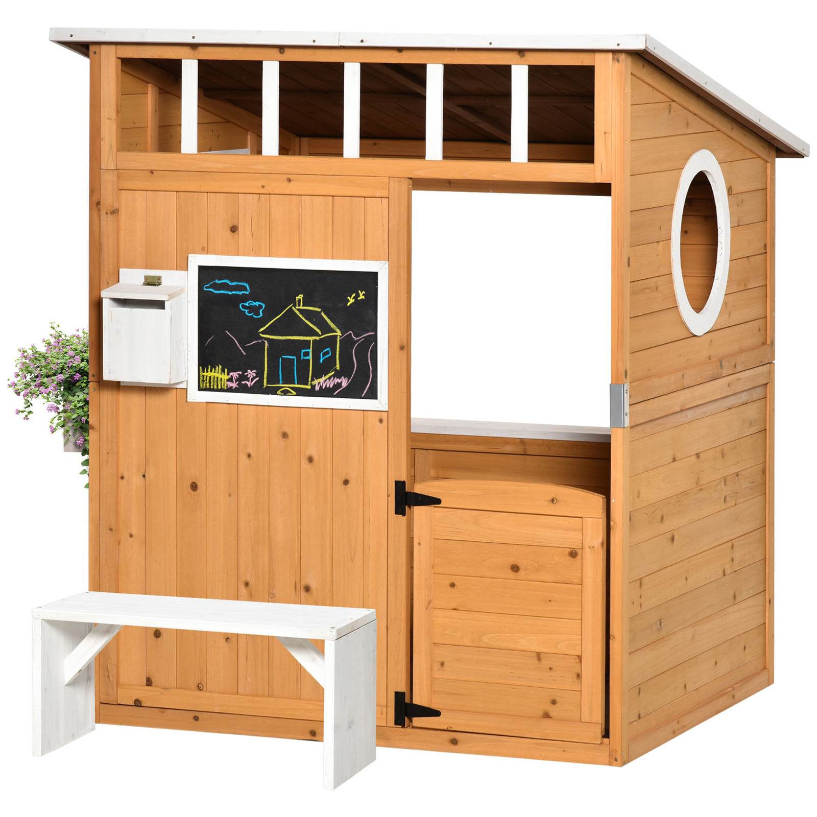 Kids Outdoor Wooden Playhouse, Garden Games Cottage, w/ Door Bench Blackboard