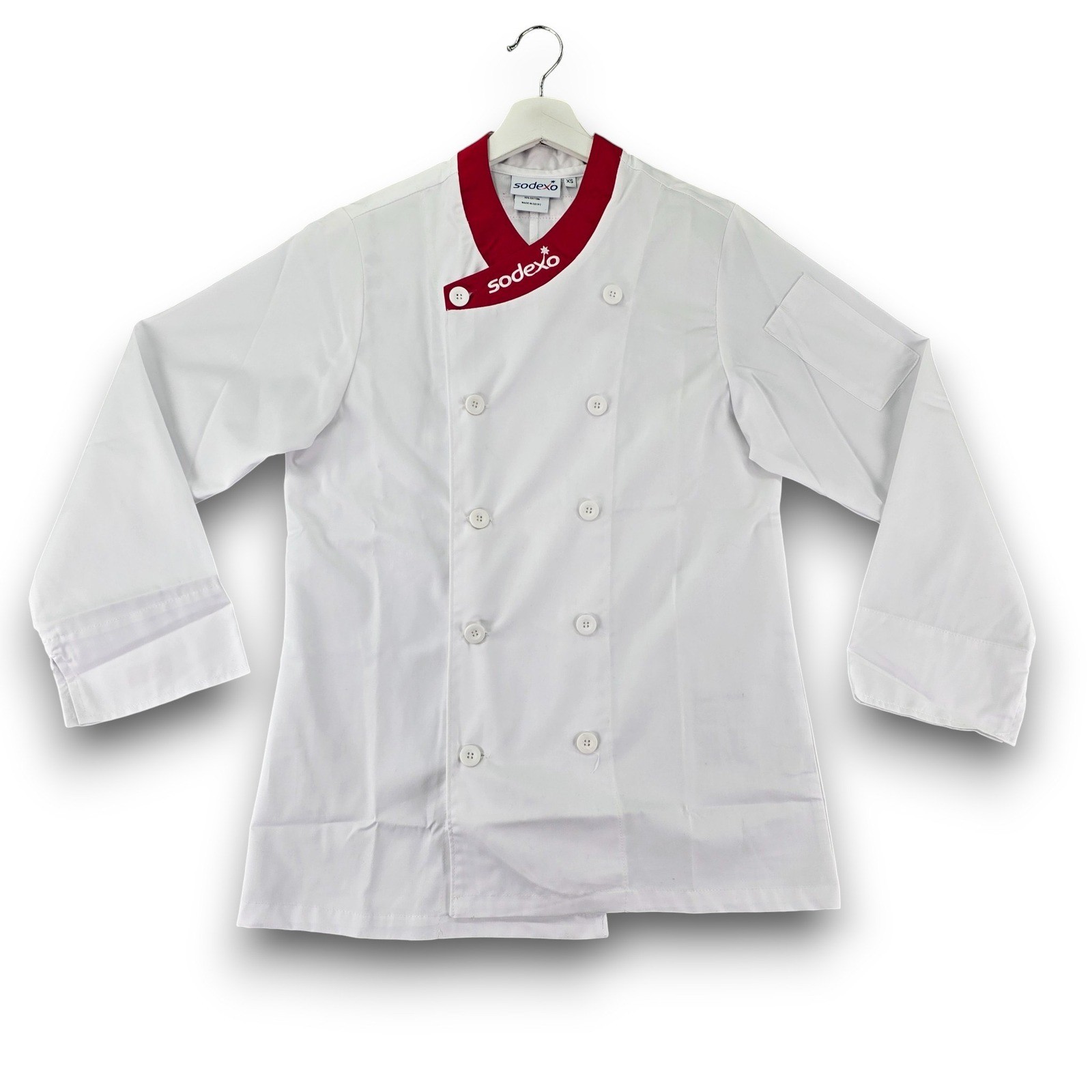 Sodexo White Chef Coat Red Trim Double Breasted Snap Button Size XS Unisex