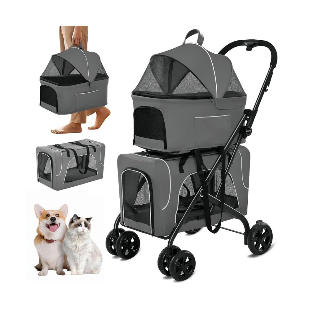 Double Dog Stroller, Foldable 3-in-1 Cat Stroller with 2 Detachable Carriers,...