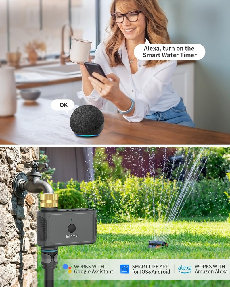 WiFi Smart Hose Timer w/Brass Inlet, 1 Zone Sprinkler Timer, Alexa Google