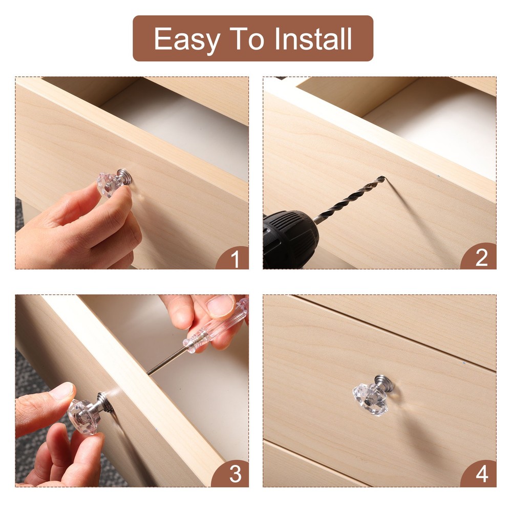 6Pcs Crystal Drawer Knobs 24 mm Dresser Knobs for Cupboard Rose Red/Gold