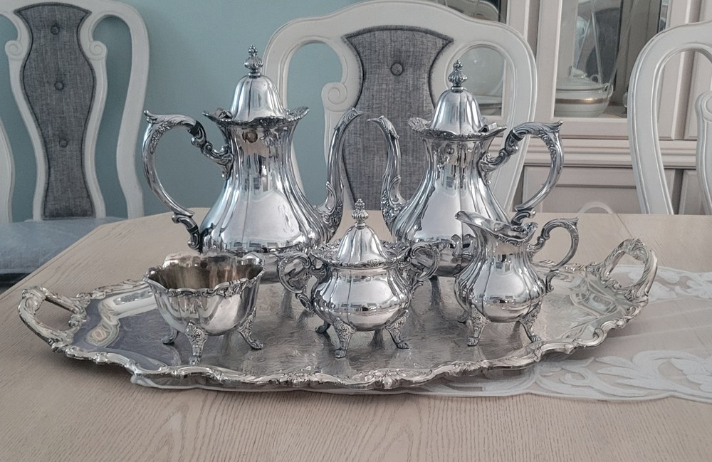 Rose Point 1200, by Wallace Silver Coffee/Teapot Silverplate Complete Set - 6 Pc