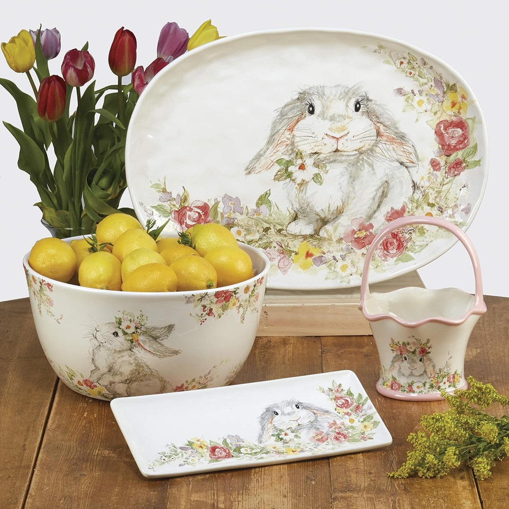 Sweet Bunny DEVILED EGG PLATE, 12.25 Inch Ceramic Egg Serving Tray, Easter Bunny
