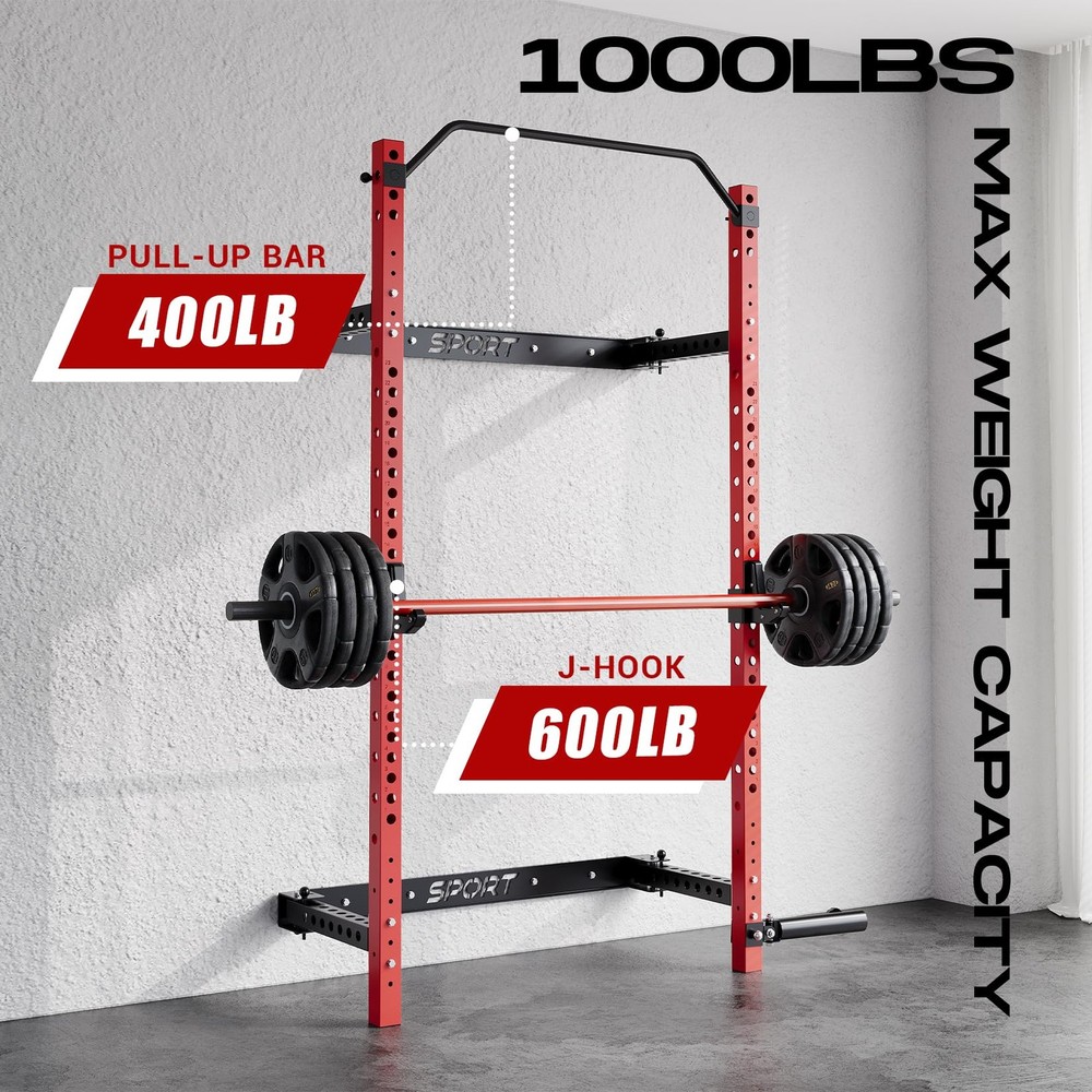 Foldable Squat Rack 1000 LBS Space-Saving with Pull Up Bar & J Hook & Landmine