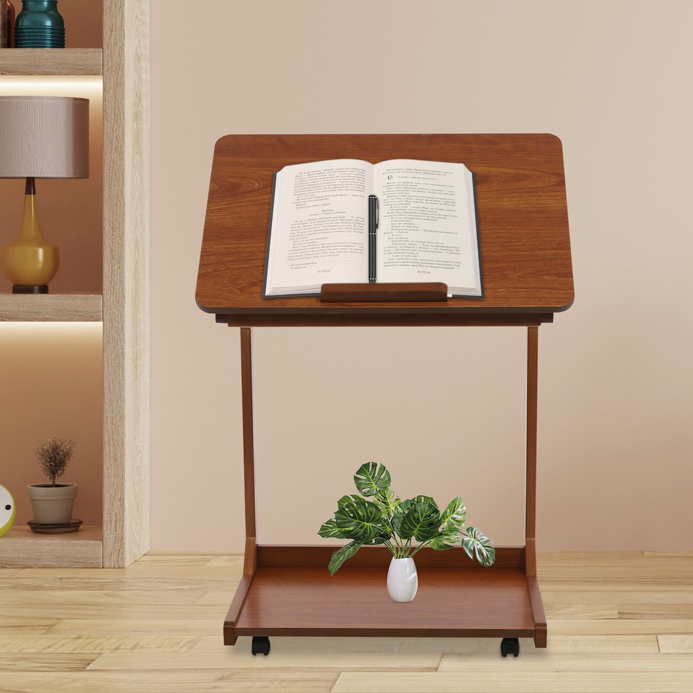 2 Tier C Shaped Table With 4 Wheels Couch Table End Table For Drink & Snack US