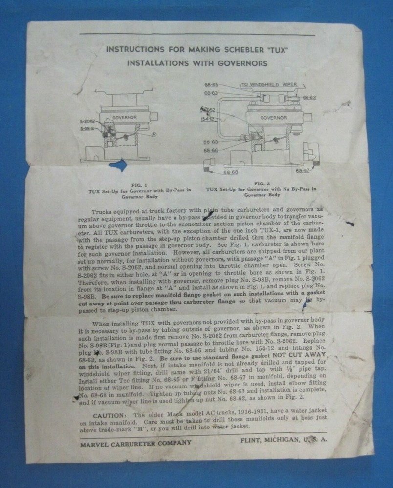 Schebler Universal Carburetor model TUX adjustment & instruction sheet