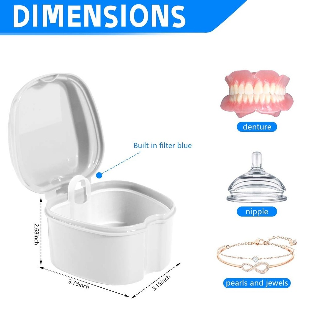 White Denture Bath Case Cup Box Holder Storage Soak Container with Strainer B...