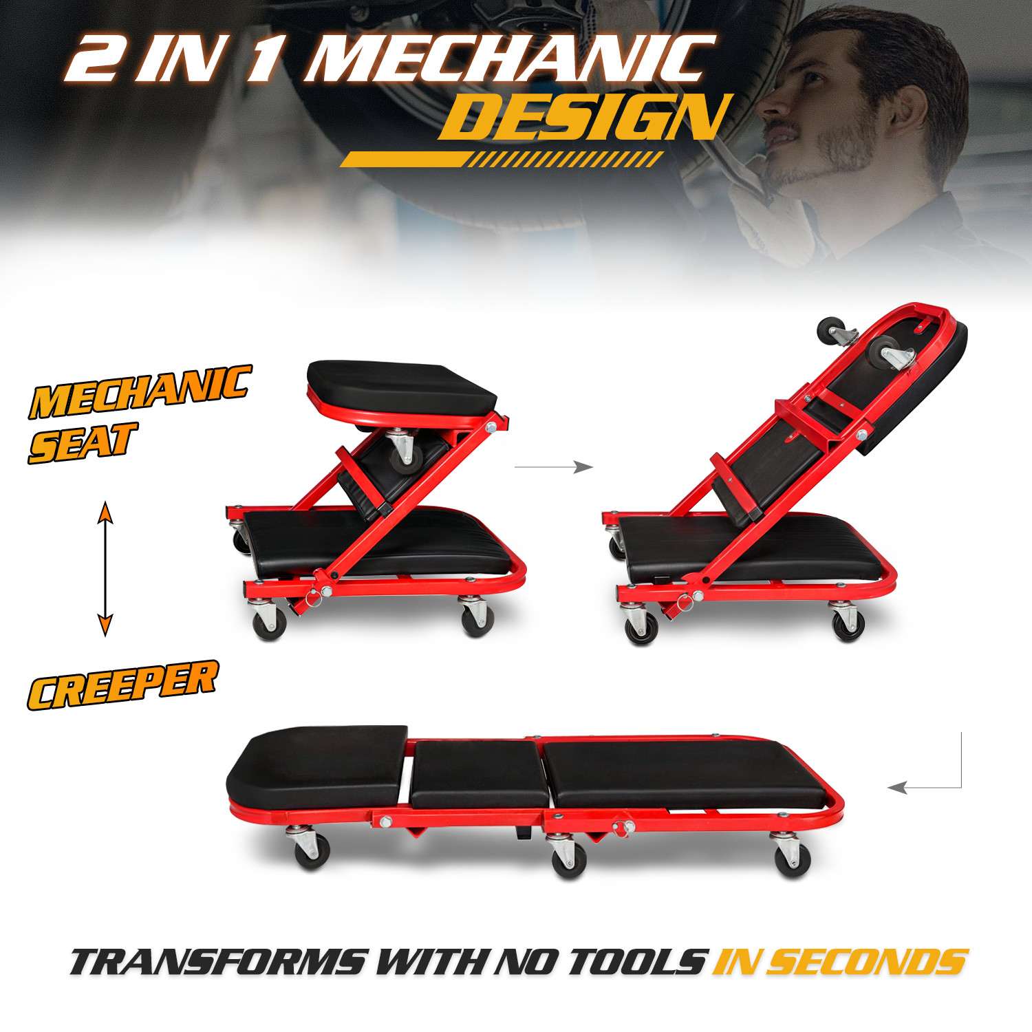 36" Red[FOLDABLE CREEPER+UPHOLSTERED SEAT]Rolling Mechanic Vehicle Repair Stool