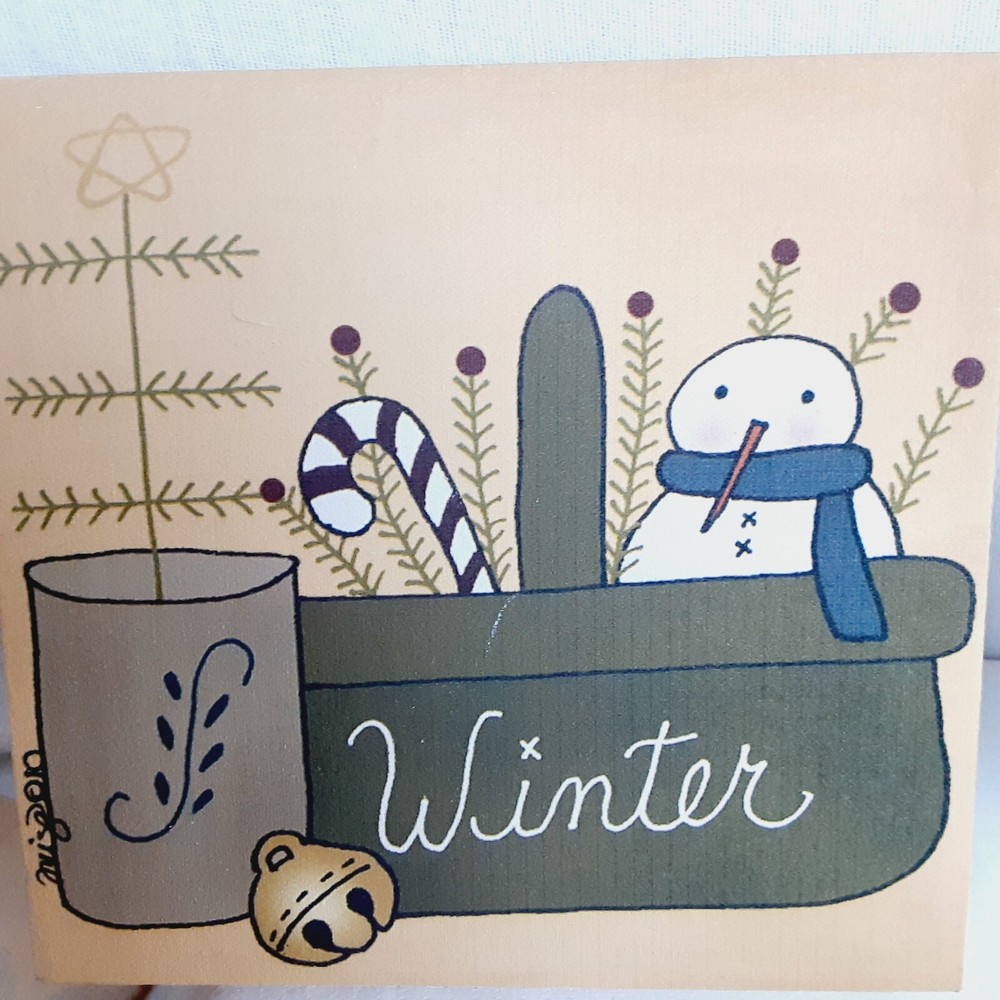 Primitive Canvas Wall Hanging Tabletop Decor Christmas "WINTER" Snowman Rustic