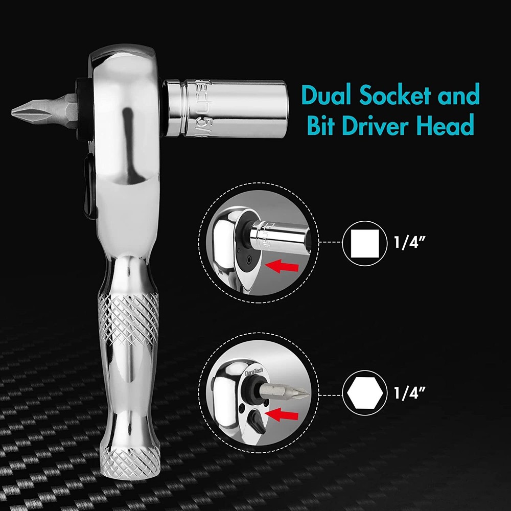DURATECH 1/4inch Stubby Ratchet Wrench Socket & Bit Driver 72 Tooth Chrome Alloy