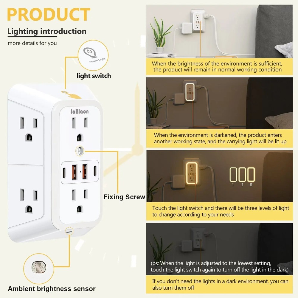 Wall Adapter 6 Outlet Extender Surge Protector Multi Plug USB Charger Port
