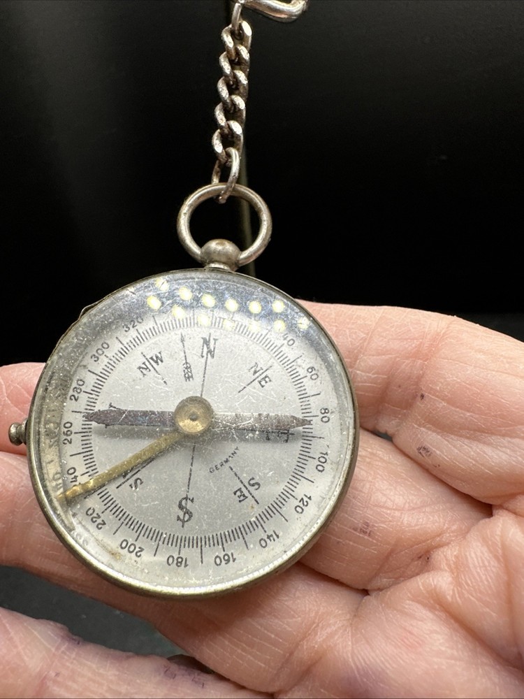 Antique German Silvertone Compass Key Chain