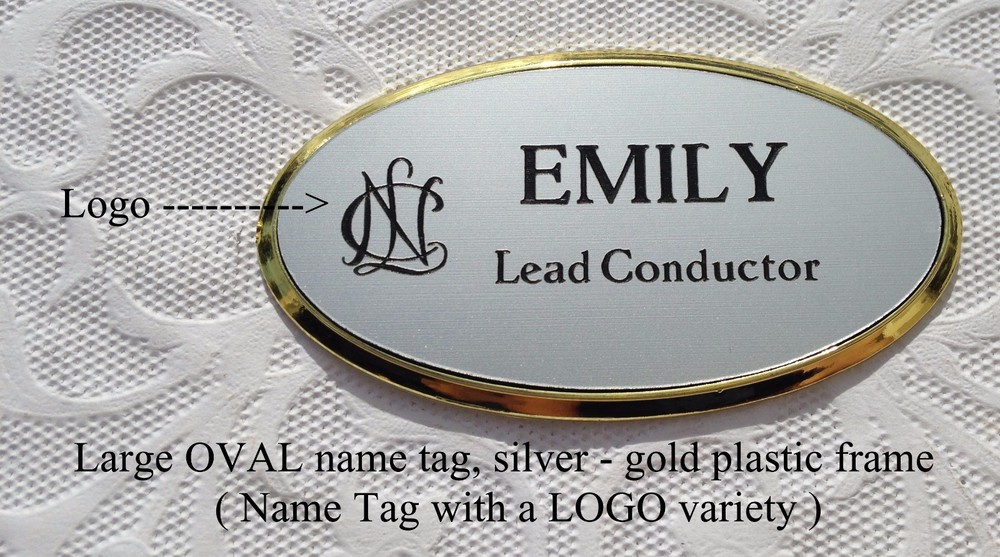 Personalized / Custom Engraved LRG OVAL Name Tag SILVER w/ GOLD Frame
