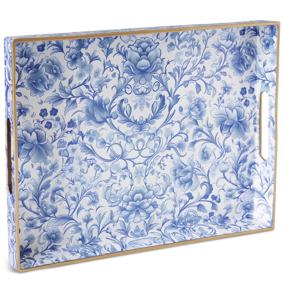 Serving Tray with Handles, Rectangular Plastic Tray 15.75x11.81 Inch, Blue an...