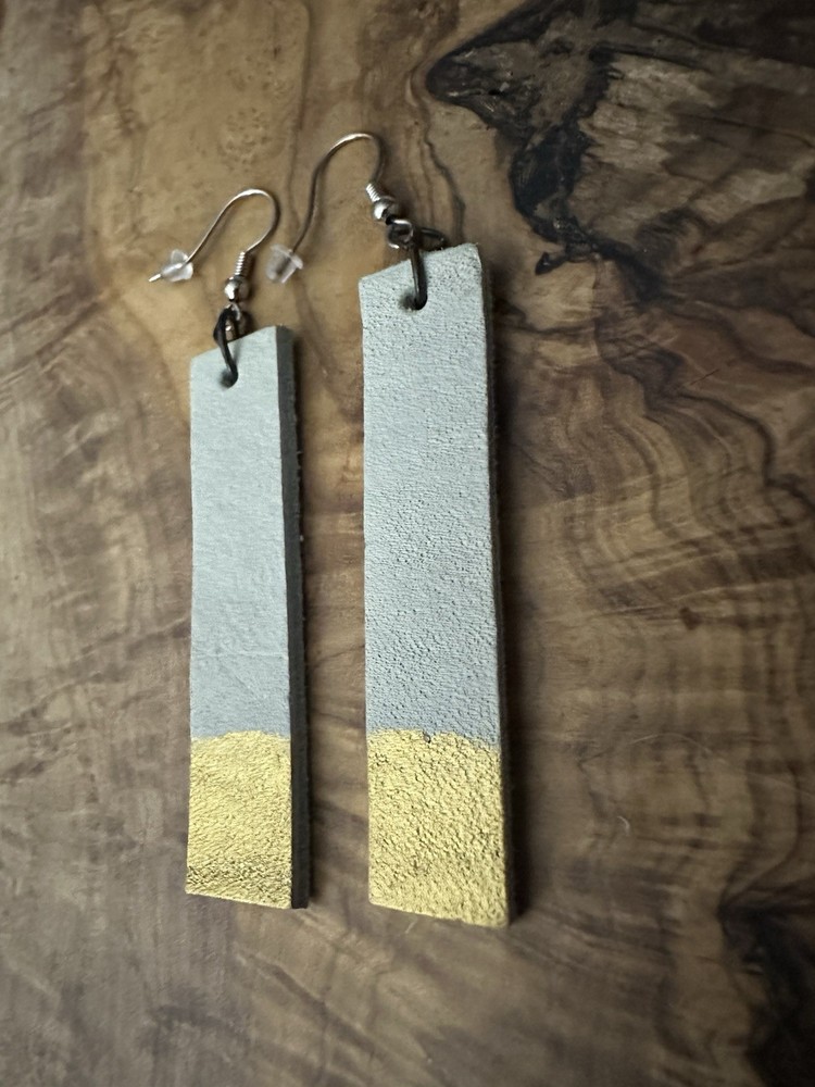 Gray & Gold Painted Bottom Leather Rectangle Dangle Hook Geometric Earrings