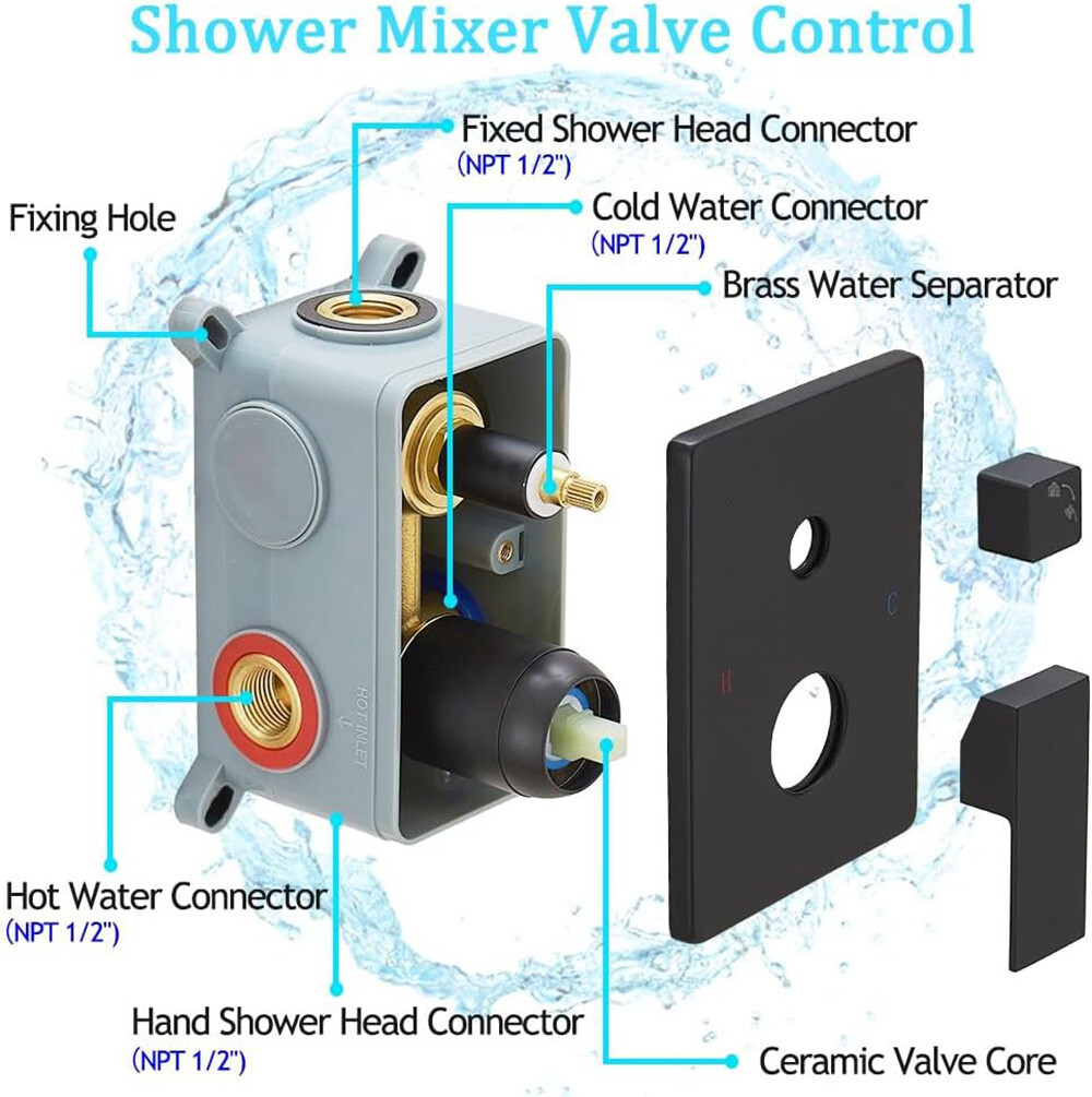Shower Faucet Set w/Mixer Valve Kit Rainfall Shower Head Combo System Wall Mount