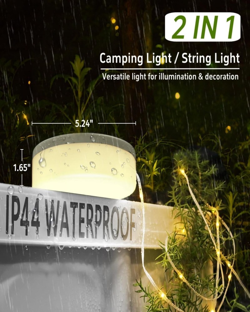 Solar Camping String Lights 39.4FT, 4-in-1 Waterproof LED Tent Lantern, 8 Modes