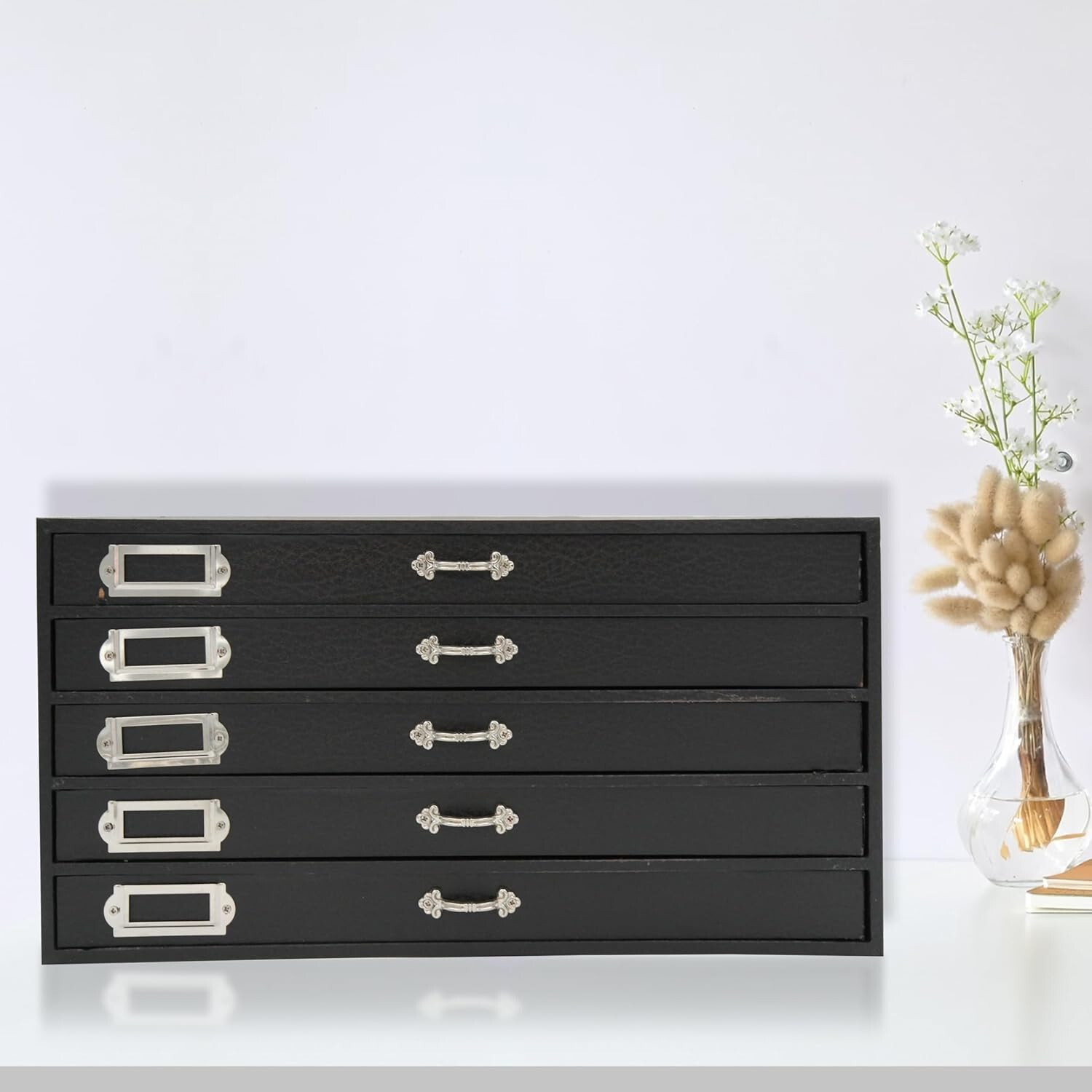 Jewelry Storage Organizer Case Cabinet 5 Drawer Black Faux Leather 15" x 8"