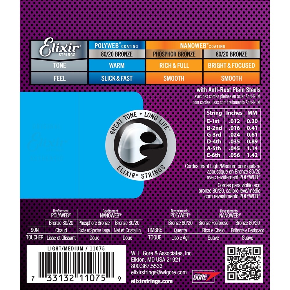 Elixir 11075 Polyweb 80/20 Bronze Light-Medium Acoustic Strings (12-56)