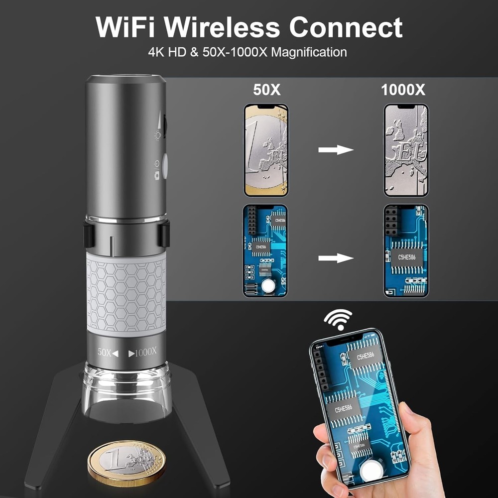 4K HD Wi-Fi Wireless Digital Microscope Camera Magnifier, Compatible for iPho...